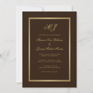 Invitación Elegante Boda de Monograma de Guión Dorado Marrón