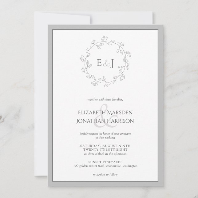 Invitación Elegante Boda de Monograma de Hojas Blancas Gris (Anverso)
