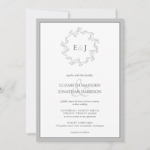 Invitación Elegante Boda de Monograma de Hojas Blancas Gris