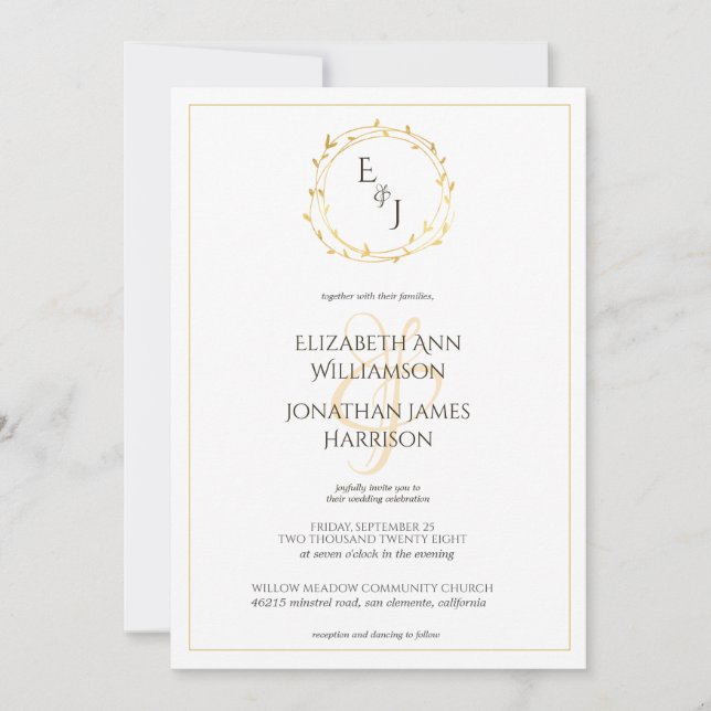 Invitación Elegante Boda de Monograma de Hojas de Oro (Anverso)
