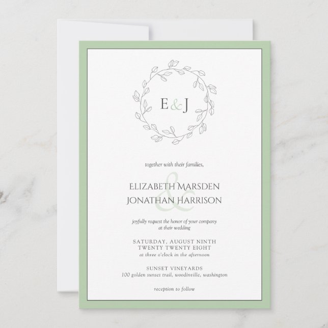 Invitación Elegante Boda de Monograma de Hojas Verdes Sage (Anverso)