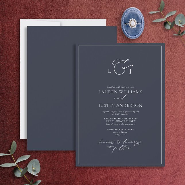 Invitación Elegante Boda de Monograma de la Marina Azul (Subido por el creador)