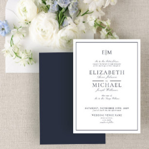 Invitación Elegante Boda de Monograma de la Marina Azul con g
