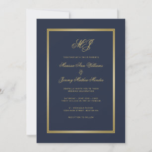 Invitación Elegante Boda de Monograma de la Navy Blue Gold Sc