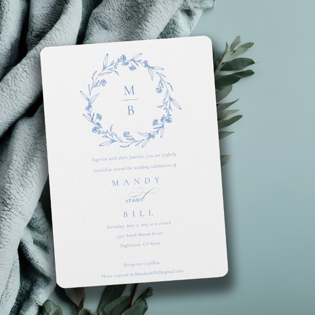Invitación Elegante Boda de Monograma de Laurel Floral Azul (Subido por el creador)