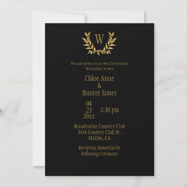 Invitación Elegante Boda de Monograma de Moda de Hoja de Oro  (Anverso)