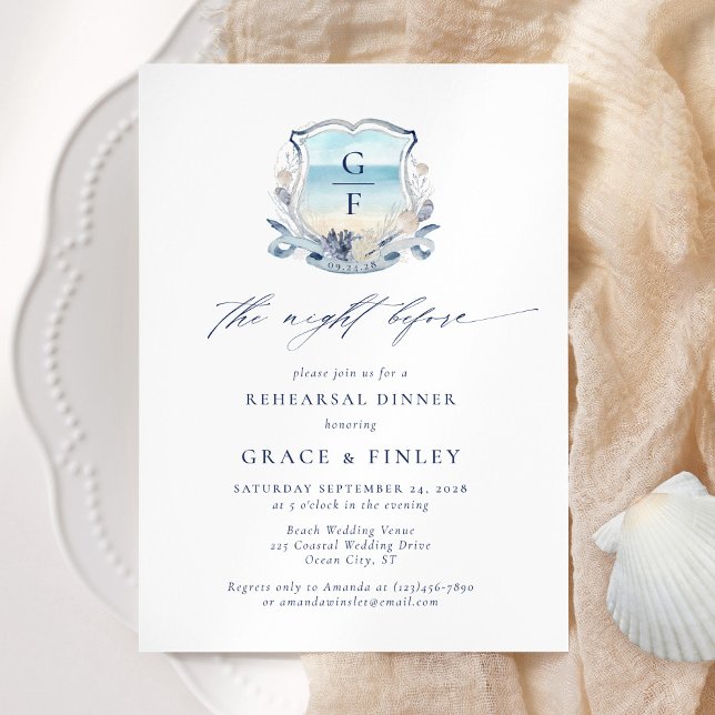 Invitación Elegante Boda de Monograma de Playa Cena de Ensayo (Subido por el creador)