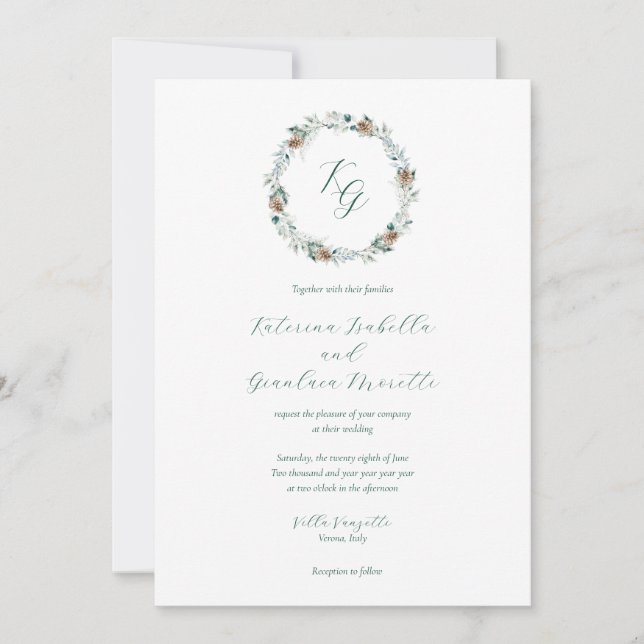 Invitación Elegante Boda de Monograma de Verdor de Invierno S (Anverso)
