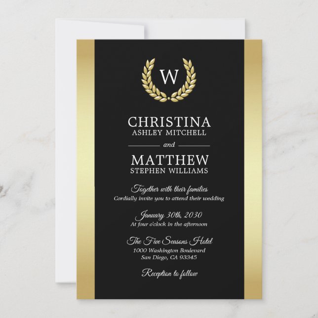 Invitación Elegante Boda de Monograma de Wreath de Black Gold (Anverso)