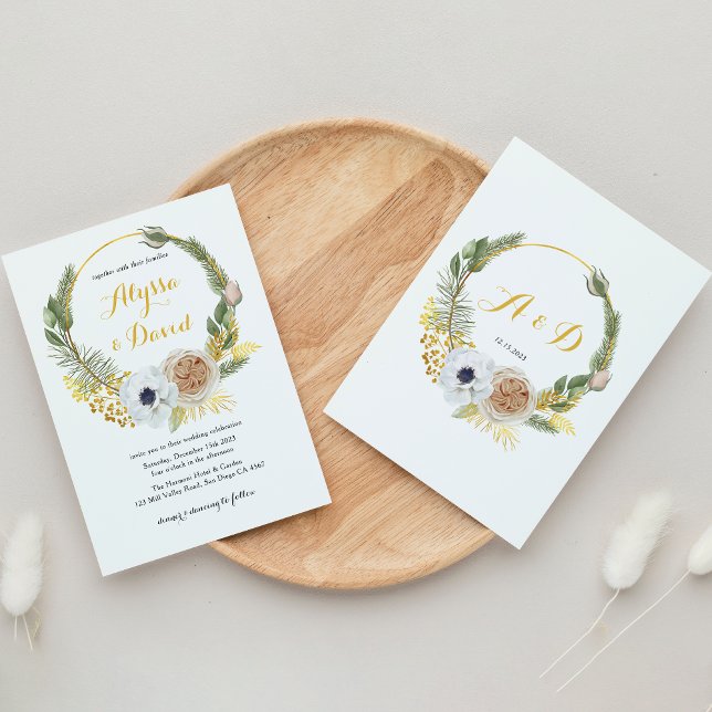 Invitación Elegante Boda de Monograma Dorado Floral de invier (Subido por el creador)