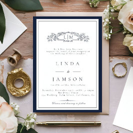 Invitación Elegante boda de monograma escudo botánico azul de