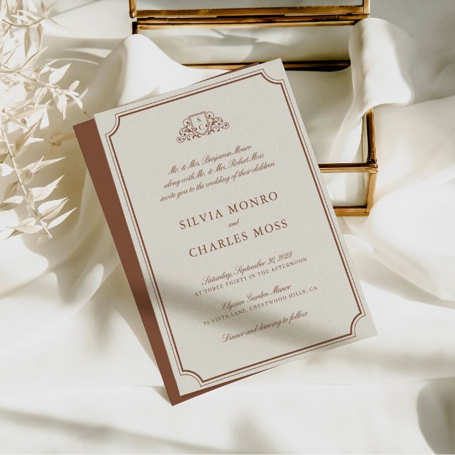 Invitación Elegante Boda de Monograma Escudo Brown & Ecru (Elegant Brown & Ecru Crest Monogram Wedding Invitation)