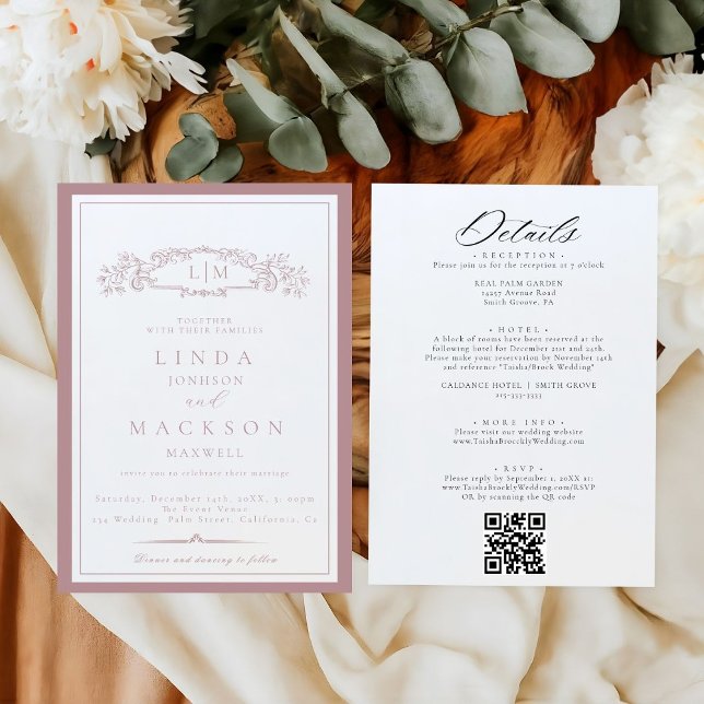 Invitación Elegante Boda de Monograma Escudo Mauve & Terracot (Subido por el creador)