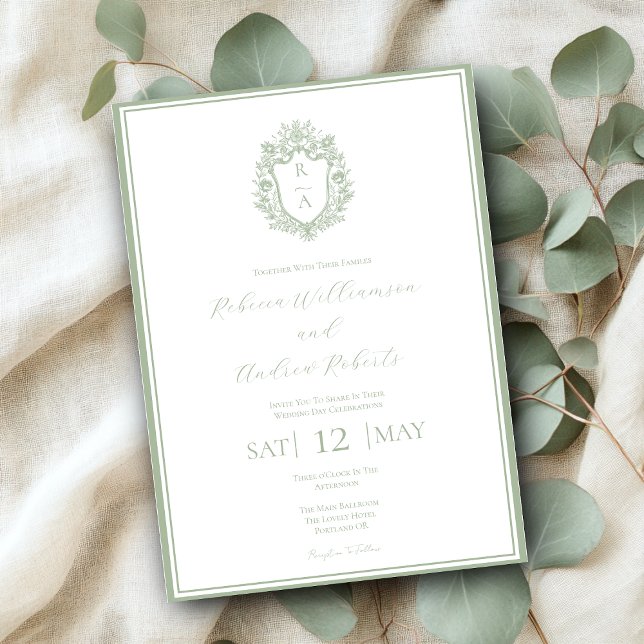 Invitación Elegante Boda de Monograma Escudo Verde Blanco y S (Subido por el creador)