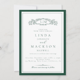 Invitación Elegante Boda de Monograma Escudo Verde Esmeralda