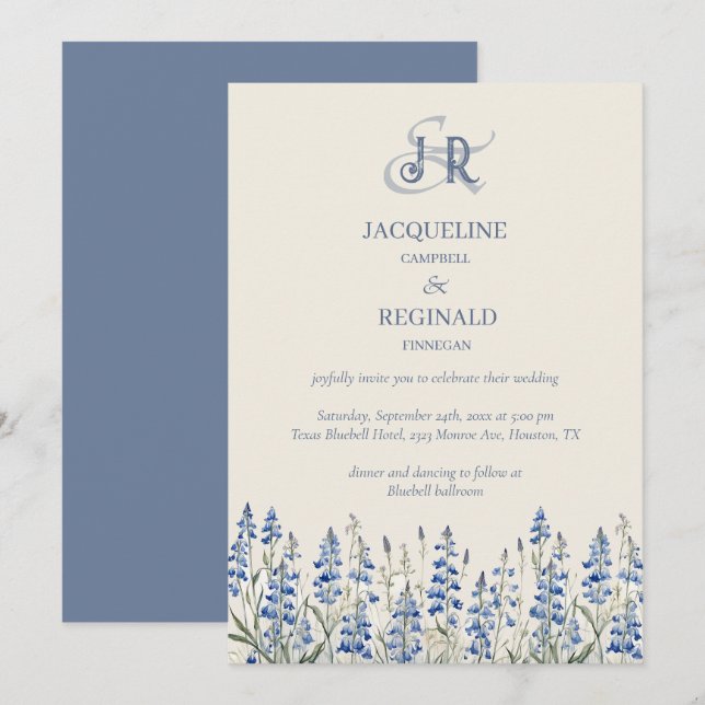 Invitación Elegante Boda de Monograma Floral Azul Dusty (Anverso / Reverso)