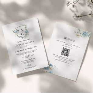 Invitación Elegante boda de monograma floral azul polvoriento