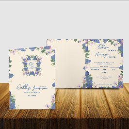 Invitación Elegante Boda de Monograma Floral Azul Púrpura Azu