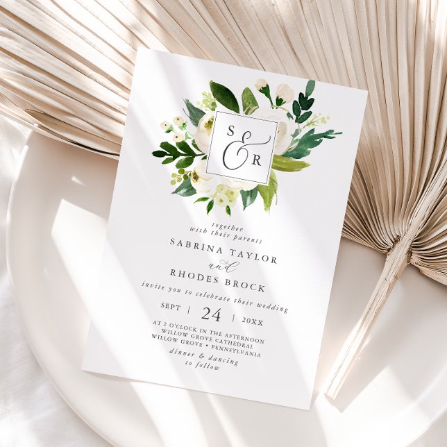 Invitación Elegante Boda de Monograma Floral Blanco (Subido por el creador)