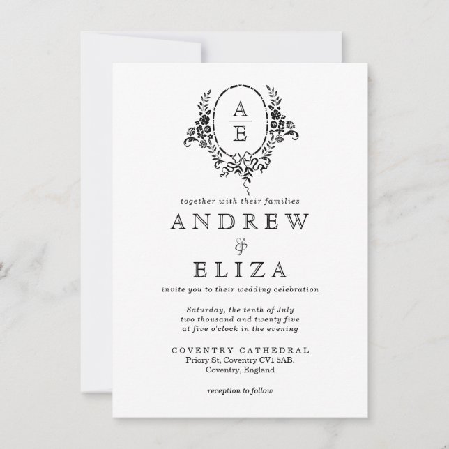 Invitación Elegante Boda de Monograma Floral Blanco y Negro (Anverso)