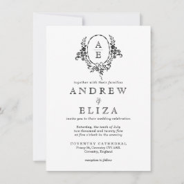 Invitación Elegante Boda de Monograma Floral Blanco y Negro