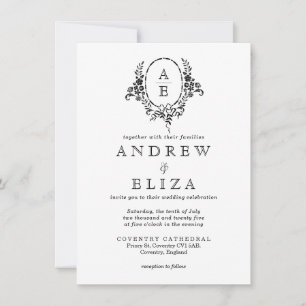Invitación Elegante Boda de Monograma Floral Blanco y Negro