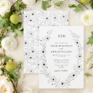 Invitación Elegante Boda de Monograma Floral Blanco y Negro