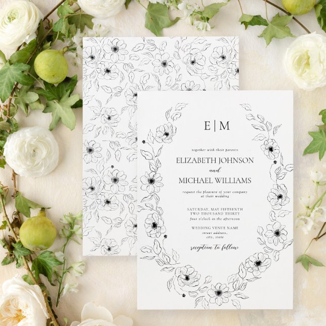 Invitación Elegante Boda de Monograma Floral Blanco y Negro (Easily personalize this floral wedding invite with your unique details for an elegant wedding)