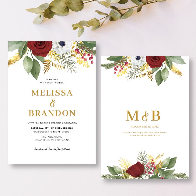 Invitación Elegante Boda de Monograma Floral Rojo y Oro (Subido por el creador)