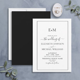 Invitación Elegante Boda de Monograma Formal Blanco Negro Sim