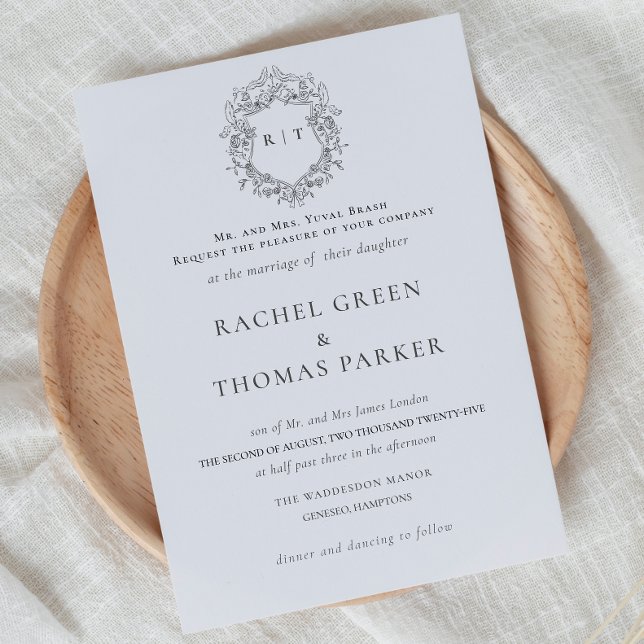 Invitación Elegante Boda de Monograma Formal Blanco y Negro (Elegant Black & White Formal Monogram Wedding Invitation)