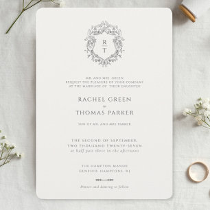 Invitación Elegante Boda de Monograma Formal en Blanco y Negr
