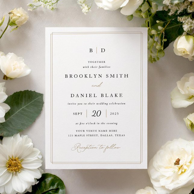 Invitación Elegante Boda de Monograma Formal Negro y Oro (Subido por el creador)