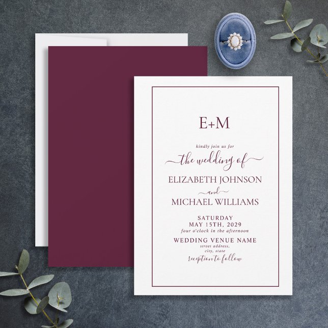 Invitación Elegante Boda de monograma formal simple de Borgoñ (Subido por el creador)