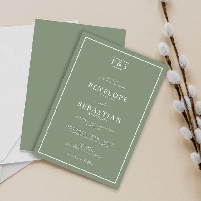 Invitación Elegante Boda de monograma formal verde sabio (Subido por el creador)