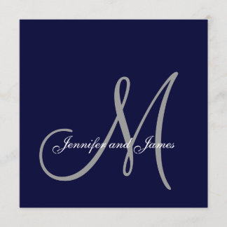Invitación Elegante Boda de Monograma Gris Azul de la Marina