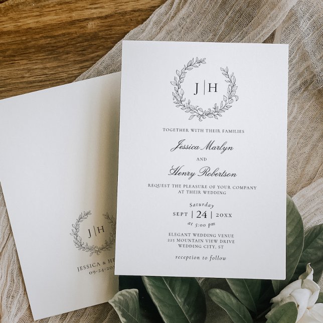 Invitación Elegante Boda de Monograma Leafy Escudo (Subido por el creador)