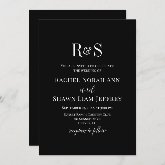 Invitación Elegante Boda de Monograma Moderno Blanco y Negro (Anverso / Reverso)