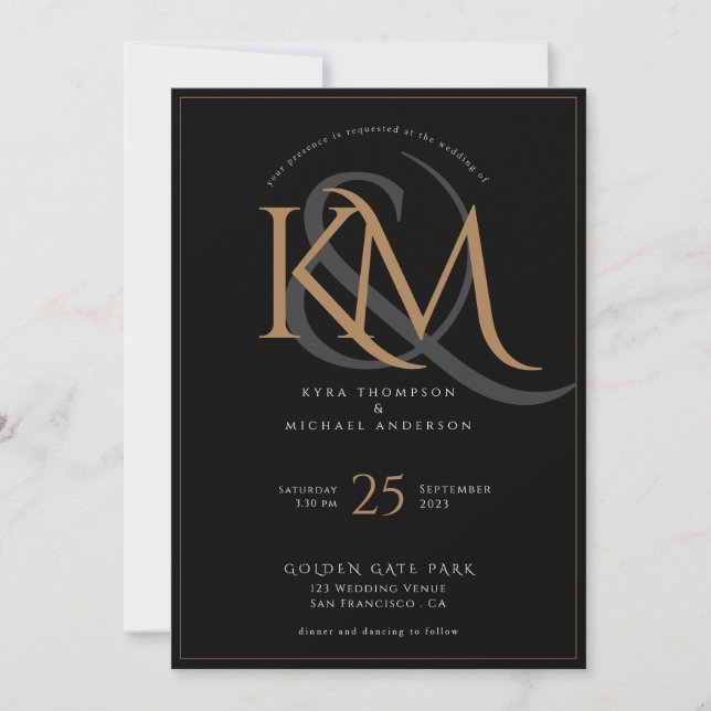 Invitación Elegante Boda de Monograma Moderno de Guión Oro Ne (Anverso)