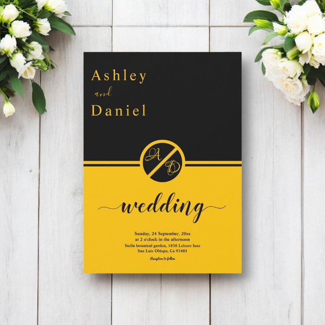 Invitación Elegante Boda De Monograma Negro Y Oro De Lujo (Subido por el creador)
