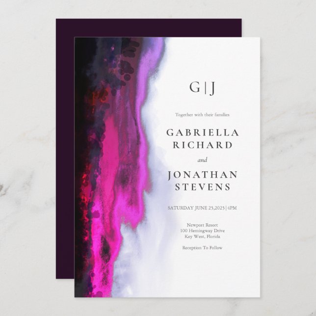 Invitación Elegante Boda de Monograma Resumen de Borgoña (Anverso / Reverso)