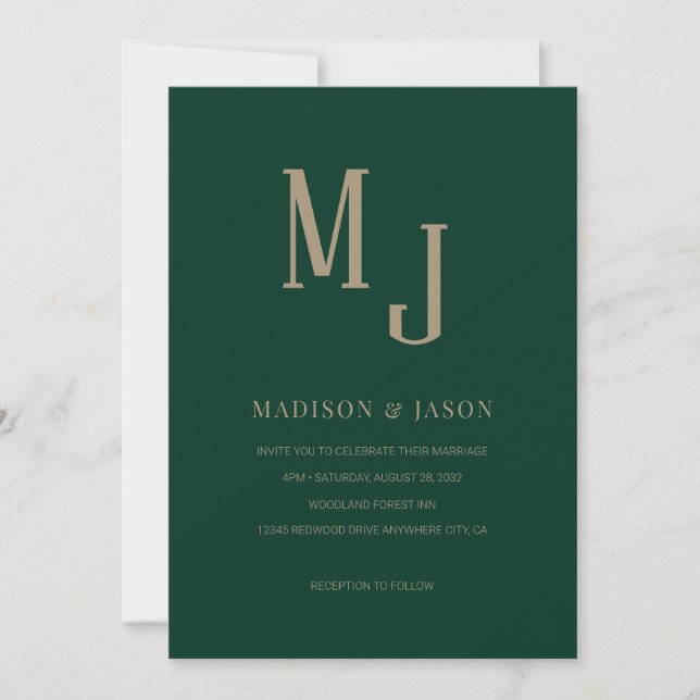 Invitación Elegante Boda de Monograma Romano Verde Simple (Anverso)