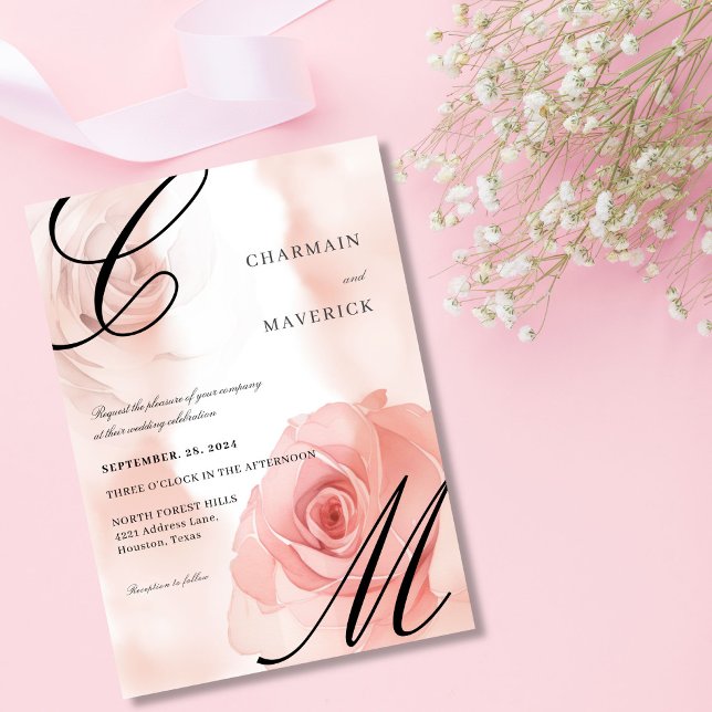 Invitación Elegante Boda de monograma rosa Rubor Mist (Subido por el creador)