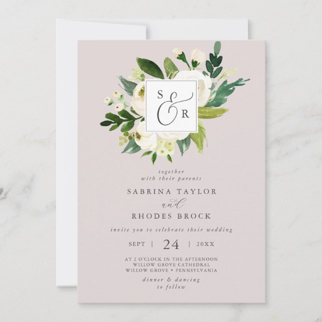 Invitación Elegante Boda de Monograma Rubor Floral Blanco Mau (Anverso)