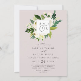 Invitación Elegante Boda de Monograma Rubor Floral Blanco Mau