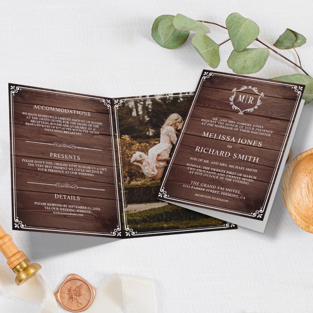 Invitación Elegante Boda de Monograma Rústico de Madera Rústi (Subido por el creador)
