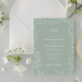 Invitación Elegante Boda de Monograma Verde con Sage de hoja 