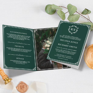 Invitación Elegante Boda de Monograma Verde Esmeralda y Blanc