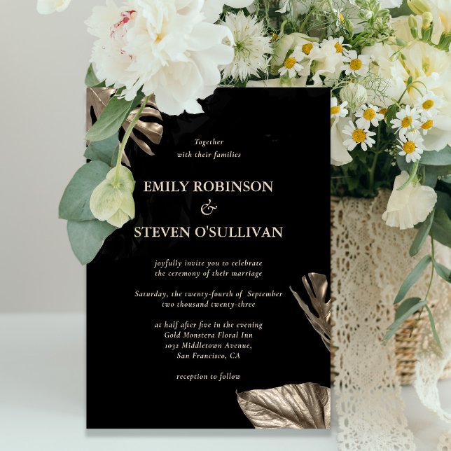 Invitación Elegante Boda de Monstera Botánica de Oro Negro (Subido por el creador)