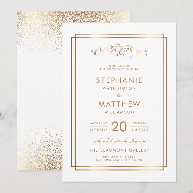 Invitación Elegante Boda de Montaña Blanca y de Oro (Anverso / Reverso)